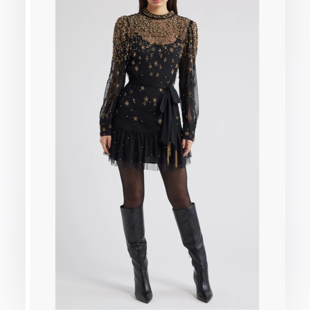 Farm Rio Black/Gold Embroidered Tulle Overlay Minidress